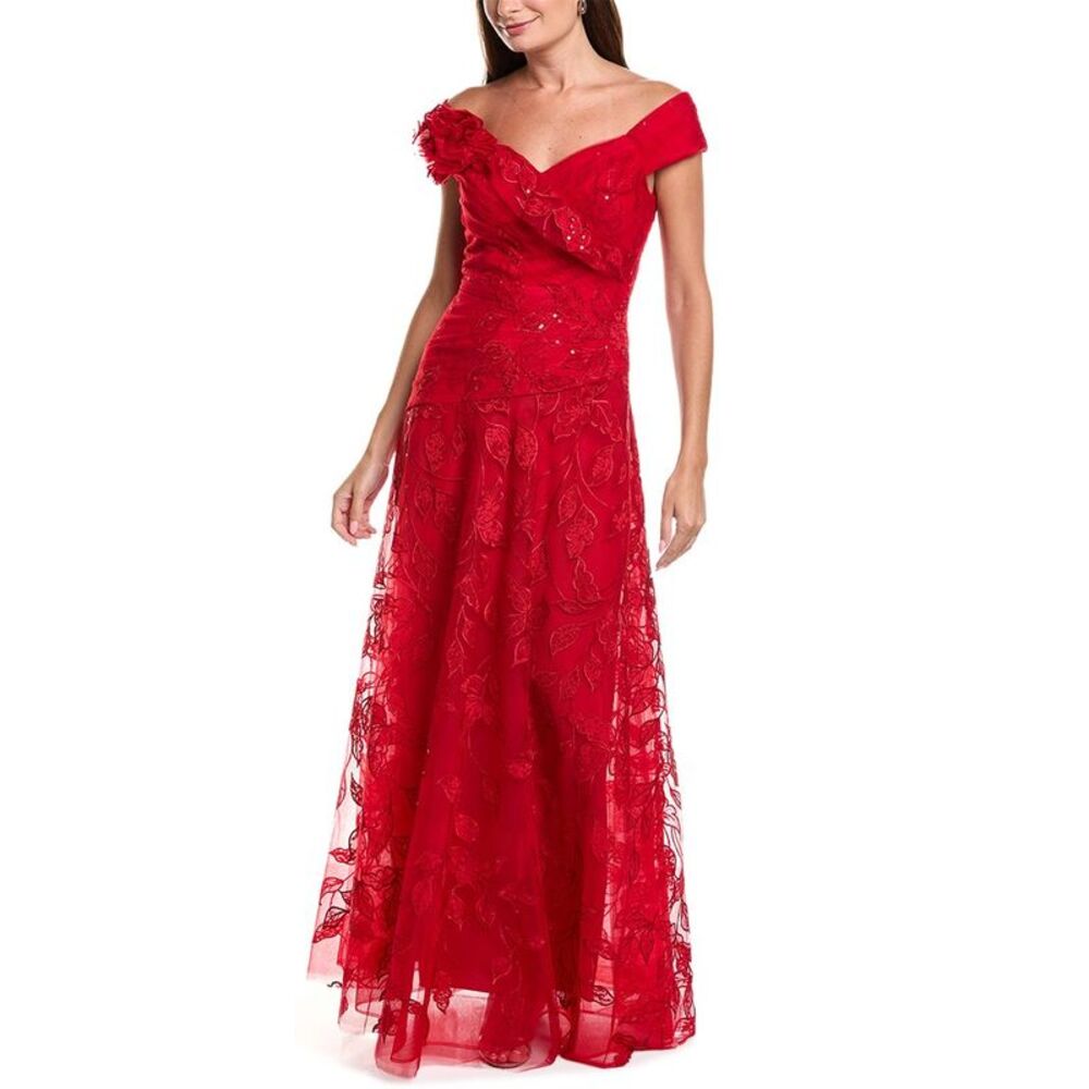 Teri Jon By Rickie Freeman Womens Lace Sweetheart Bodice Off-Shoulder Gown, Red